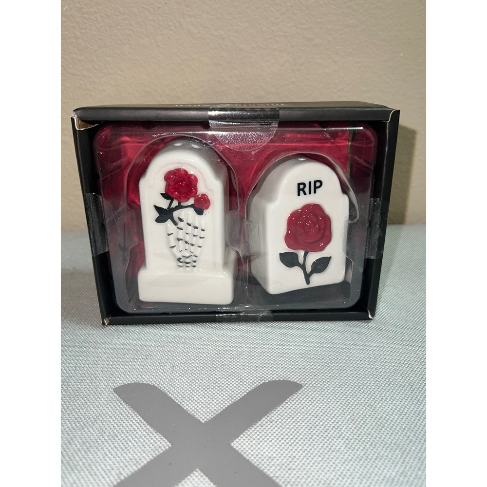 Tombstone Salt and Pepper Shaker Set Halloween Gothic RIP Rose Ceramic White Red